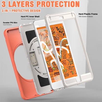 For iPad mini (2019) 7.9 inch/iPad mini 4 Rotary Kickstand PC + Silicone Hybrid Cover Anti-drop Tablet Case with Hand Strap