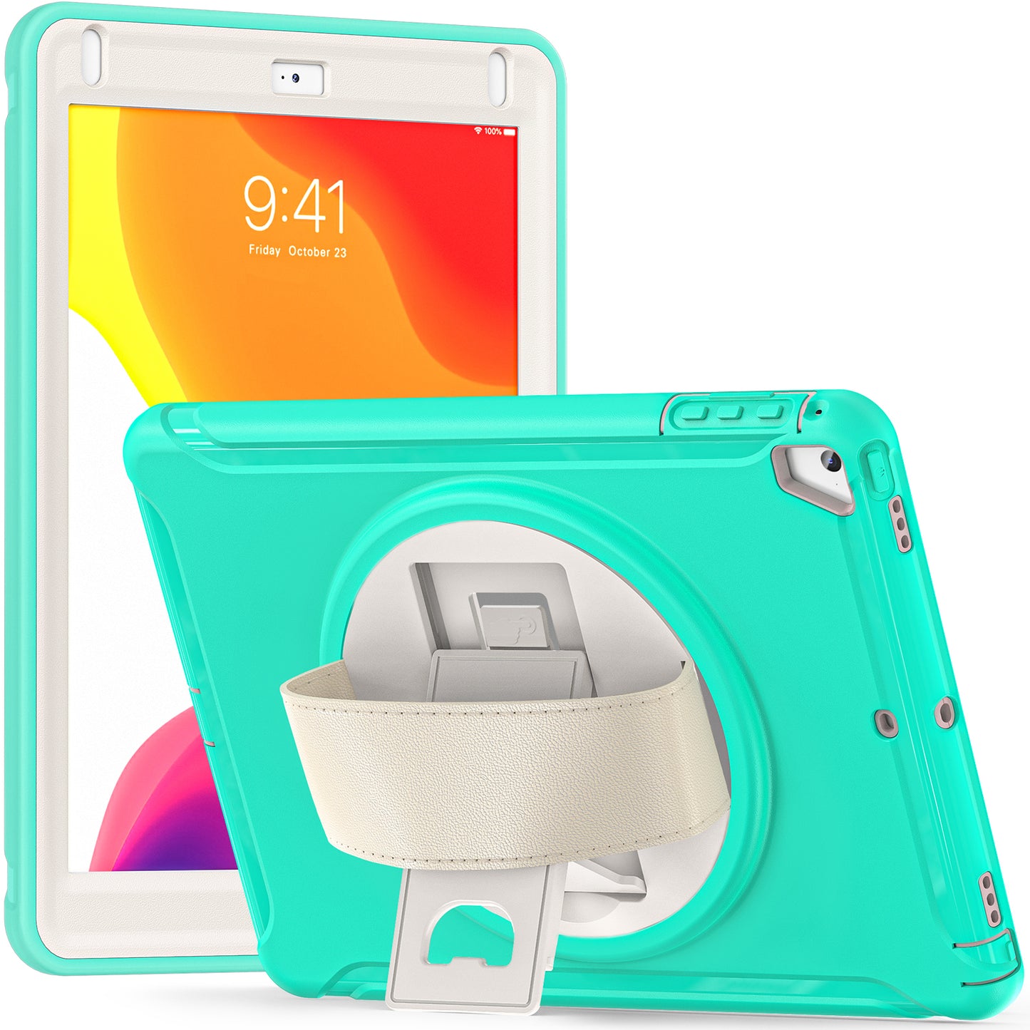 For iPad 9.7-inch (2017)/(2018)/iPad Pro 9.7-inch (2016)/iPad Air (2013)/Air 2 PC + Silicone Case  Rotary Kickstand Tablet Protective Cover with Hand Strap