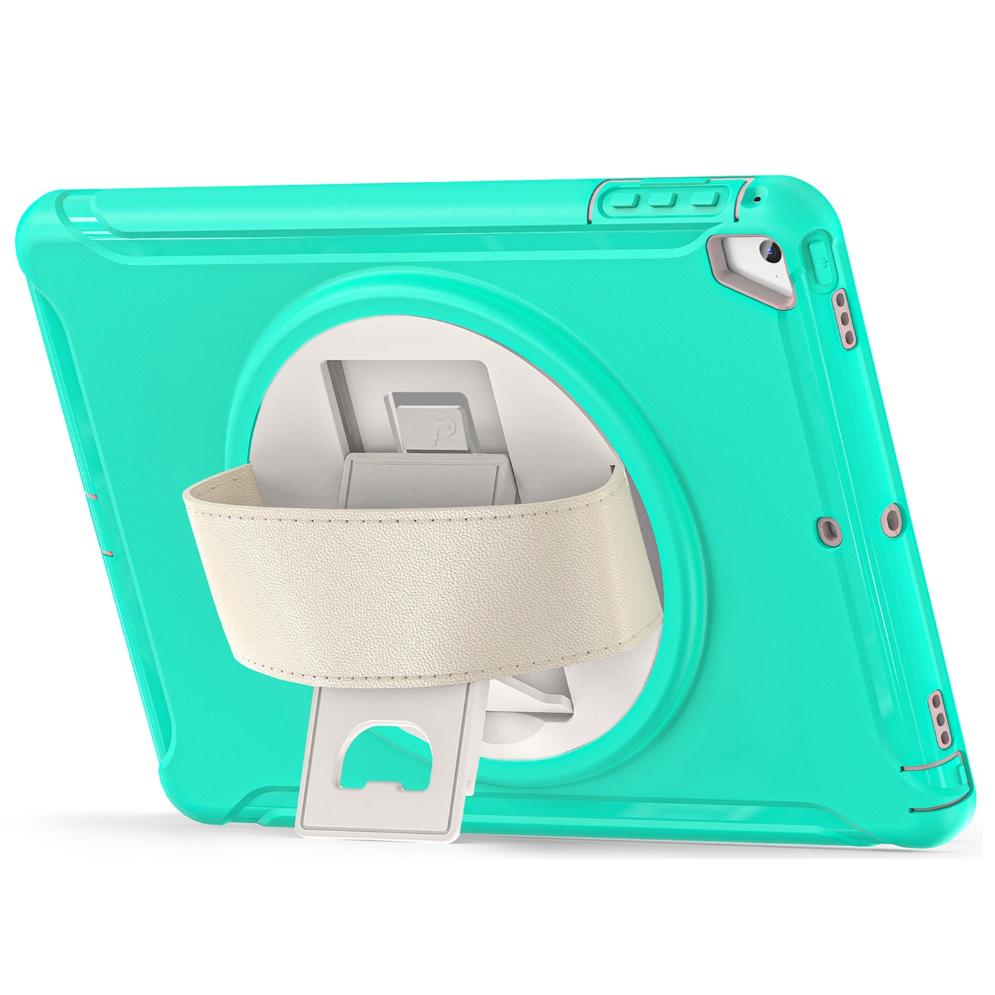 For iPad 9.7-inch (2017)/(2018)/iPad Pro 9.7-inch (2016)/iPad Air (2013)/Air 2 PC + Silicone Case  Rotary Kickstand Tablet Protective Cover with Hand Strap