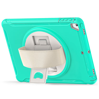 For iPad 9.7-inch (2017)/(2018)/iPad Pro 9.7-inch (2016)/iPad Air (2013)/Air 2 PC + Silicone Case  Rotary Kickstand Tablet Protective Cover with Hand Strap