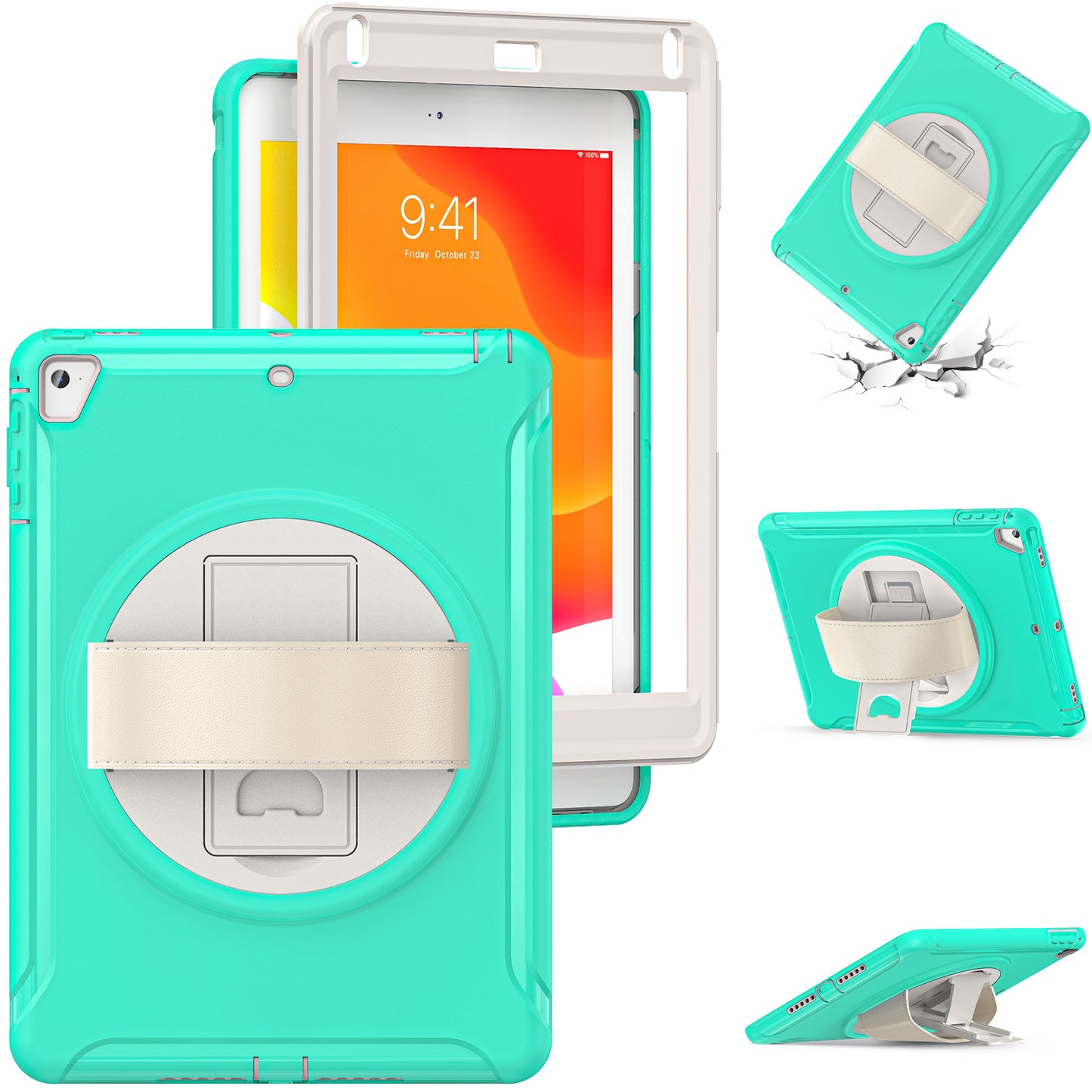For iPad 9.7-inch (2017)/(2018)/iPad Pro 9.7-inch (2016)/iPad Air (2013)/Air 2 PC + Silicone Case  Rotary Kickstand Tablet Protective Cover with Hand Strap