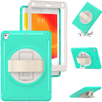 For iPad 9.7-inch (2017)/(2018)/iPad Pro 9.7-inch (2016)/iPad Air (2013)/Air 2 PC + Silicone Case  Rotary Kickstand Tablet Protective Cover with Hand Strap
