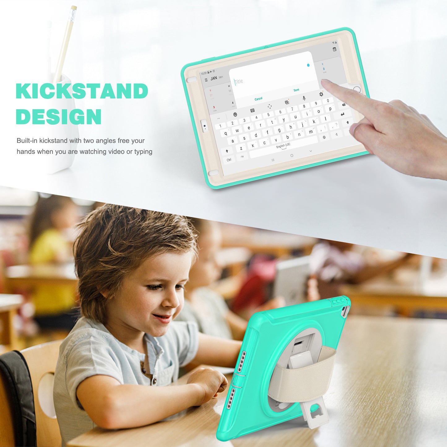 For iPad 9.7-inch (2017)/(2018)/iPad Pro 9.7-inch (2016)/iPad Air (2013)/Air 2 PC + Silicone Case  Rotary Kickstand Tablet Protective Cover with Hand Strap