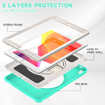 For iPad 9.7-inch (2017)/(2018)/iPad Pro 9.7-inch (2016)/iPad Air (2013)/Air 2 PC + Silicone Case  Rotary Kickstand Tablet Protective Cover with Hand Strap