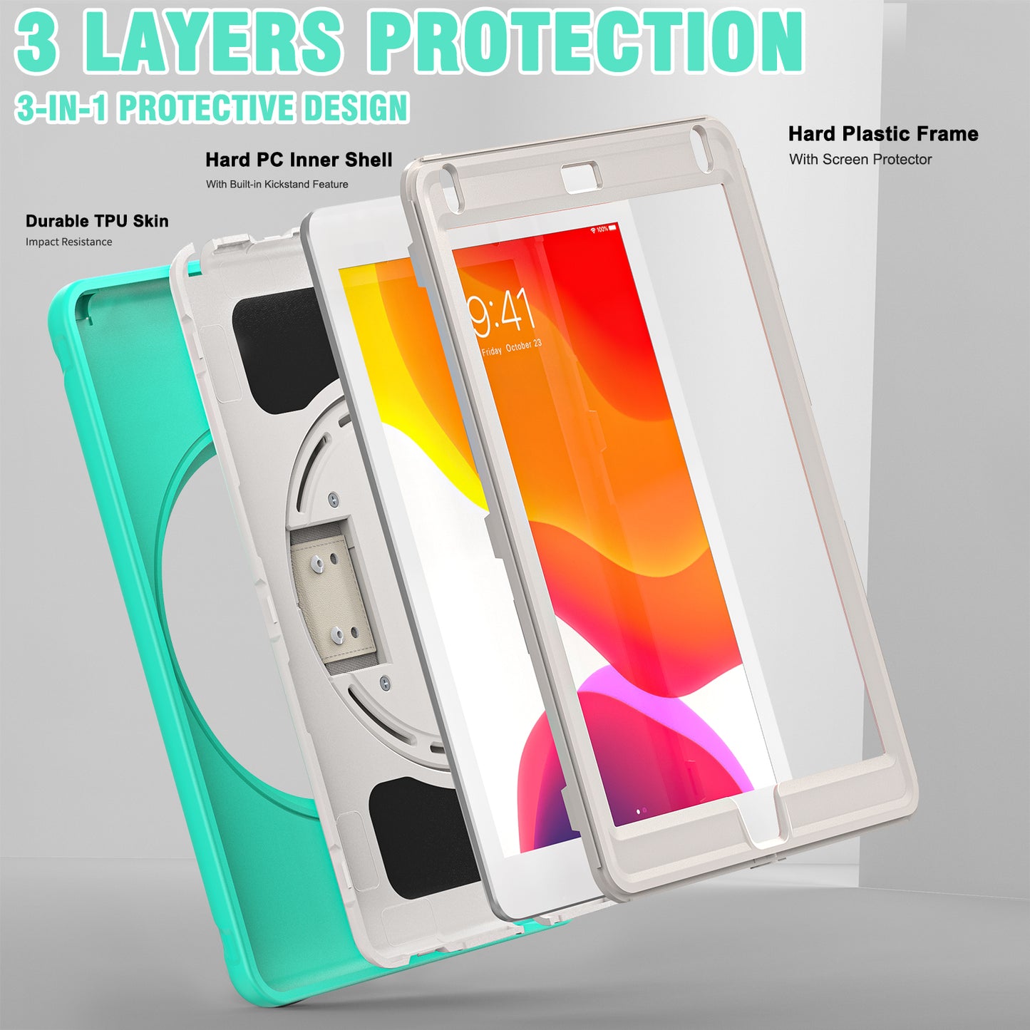 For iPad 9.7-inch (2017)/(2018)/iPad Pro 9.7-inch (2016)/iPad Air (2013)/Air 2 PC + Silicone Case  Rotary Kickstand Tablet Protective Cover with Hand Strap