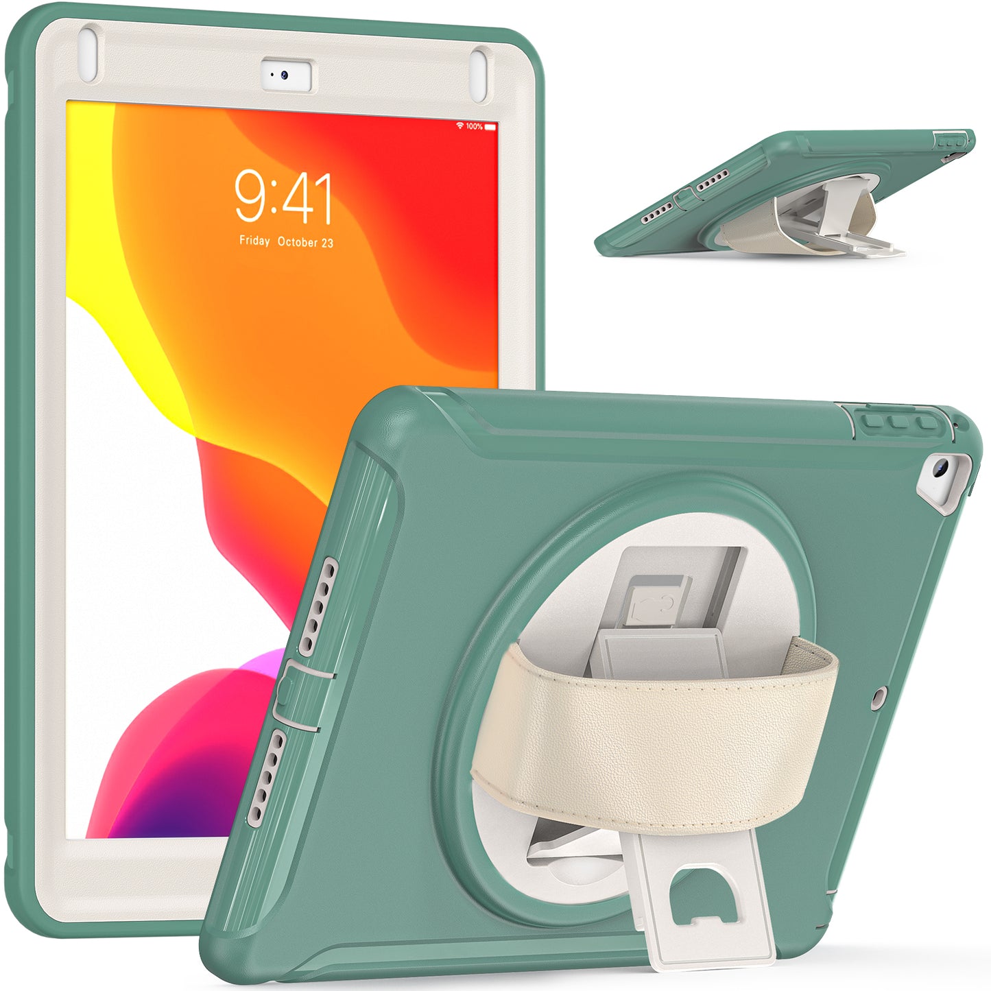 For iPad 9.7-inch (2017)/(2018)/iPad Pro 9.7-inch (2016)/iPad Air (2013)/Air 2 PC + Silicone Case  Rotary Kickstand Tablet Protective Cover with Hand Strap