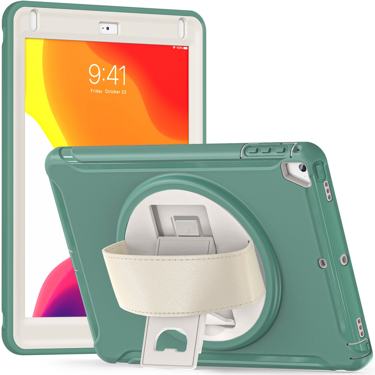For iPad 9.7-inch (2017)/(2018)/iPad Pro 9.7-inch (2016)/iPad Air (2013)/Air 2 PC + Silicone Case  Rotary Kickstand Tablet Protective Cover with Hand Strap