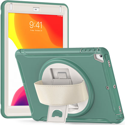 For iPad 9.7-inch (2017)/(2018)/iPad Pro 9.7-inch (2016)/iPad Air (2013)/Air 2 PC + Silicone Case  Rotary Kickstand Tablet Protective Cover with Hand Strap