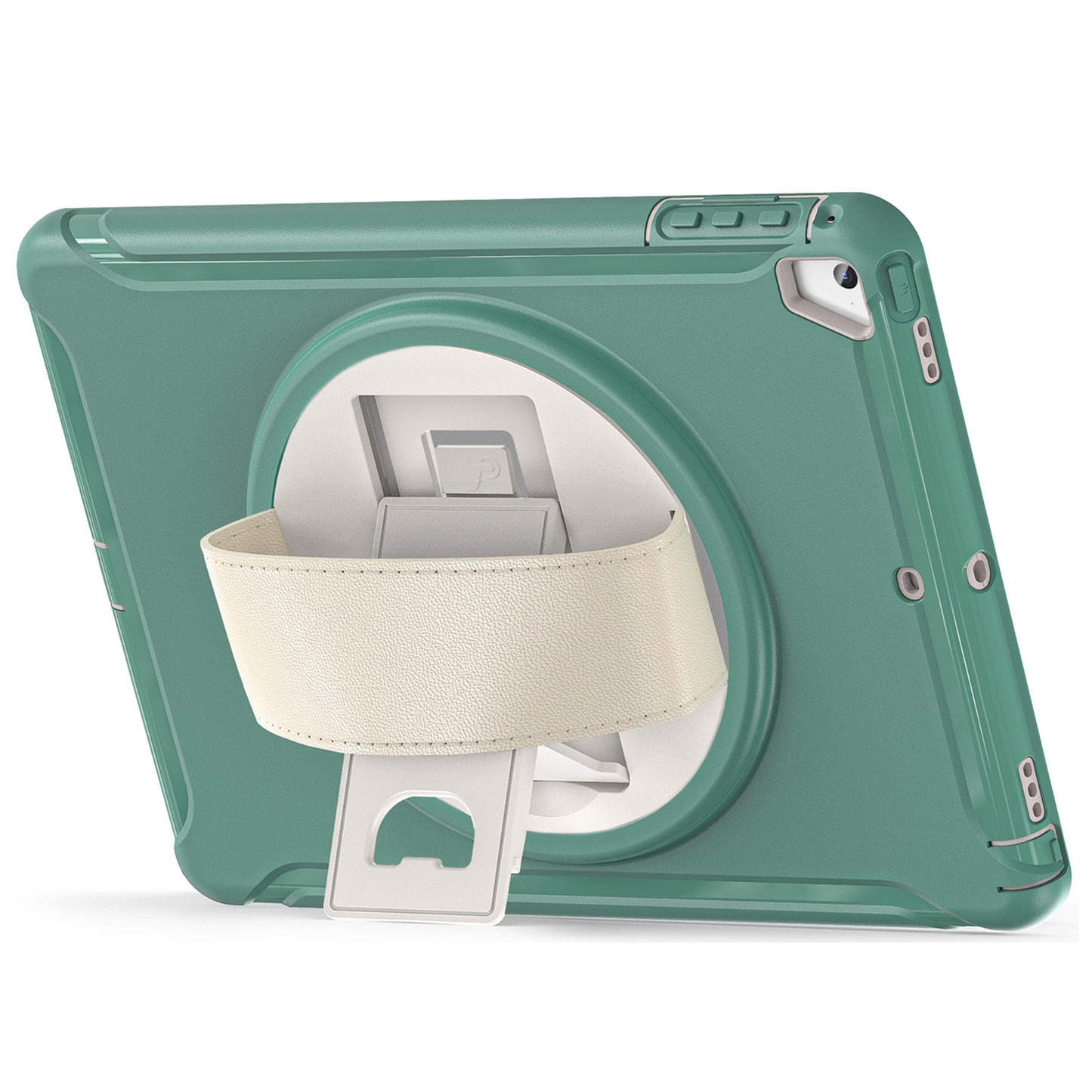 For iPad 9.7-inch (2017)/(2018)/iPad Pro 9.7-inch (2016)/iPad Air (2013)/Air 2 PC + Silicone Case  Rotary Kickstand Tablet Protective Cover with Hand Strap