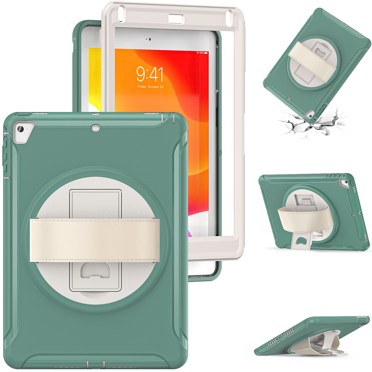 For iPad 9.7-inch (2017)/(2018)/iPad Pro 9.7-inch (2016)/iPad Air (2013)/Air 2 PC + Silicone Case  Rotary Kickstand Tablet Protective Cover with Hand Strap