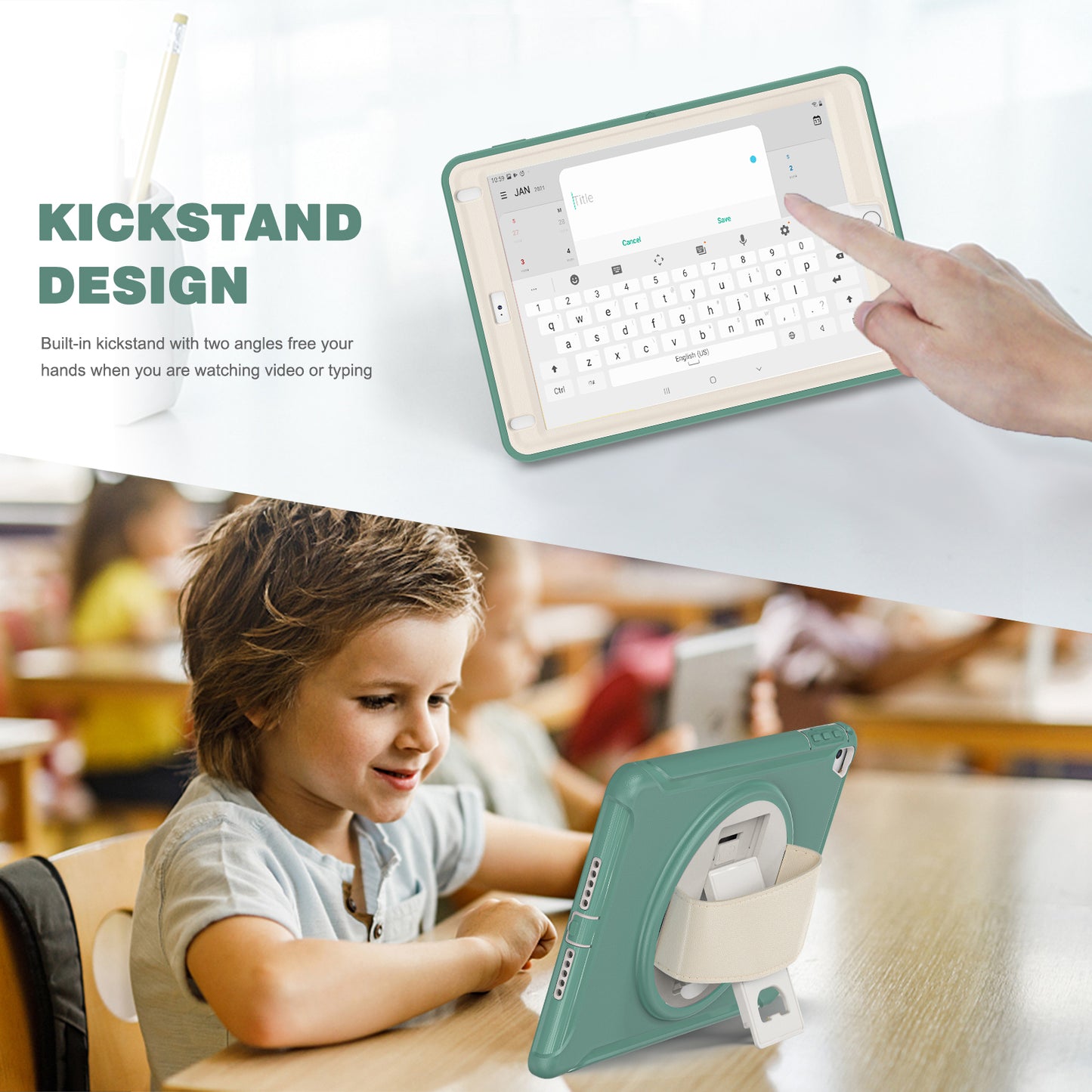 For iPad 9.7-inch (2017)/(2018)/iPad Pro 9.7-inch (2016)/iPad Air (2013)/Air 2 PC + Silicone Case  Rotary Kickstand Tablet Protective Cover with Hand Strap