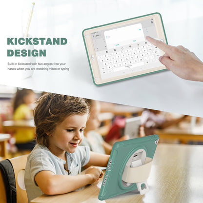 For iPad 9.7-inch (2017)/(2018)/iPad Pro 9.7-inch (2016)/iPad Air (2013)/Air 2 PC + Silicone Case  Rotary Kickstand Tablet Protective Cover with Hand Strap