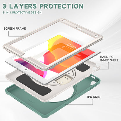 For iPad 9.7-inch (2017)/(2018)/iPad Pro 9.7-inch (2016)/iPad Air (2013)/Air 2 PC + Silicone Case  Rotary Kickstand Tablet Protective Cover with Hand Strap