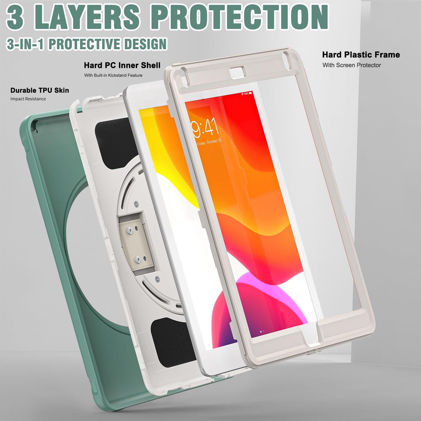 For iPad 9.7-inch (2017)/(2018)/iPad Pro 9.7-inch (2016)/iPad Air (2013)/Air 2 PC + Silicone Case  Rotary Kickstand Tablet Protective Cover with Hand Strap