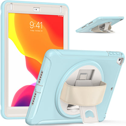 For iPad 9.7-inch (2017)/(2018)/iPad Pro 9.7-inch (2016)/iPad Air (2013)/Air 2 PC + Silicone Case  Rotary Kickstand Tablet Protective Cover with Hand Strap
