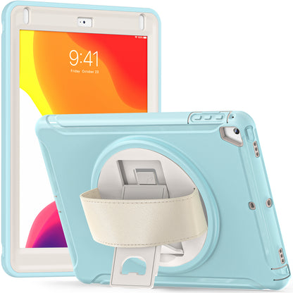 For iPad 9.7-inch (2017)/(2018)/iPad Pro 9.7-inch (2016)/iPad Air (2013)/Air 2 PC + Silicone Case  Rotary Kickstand Tablet Protective Cover with Hand Strap