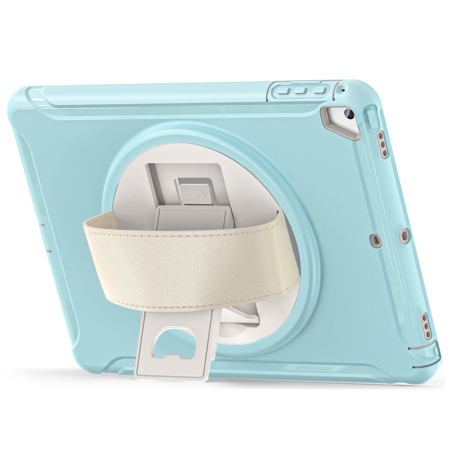 For iPad 9.7-inch (2017)/(2018)/iPad Pro 9.7-inch (2016)/iPad Air (2013)/Air 2 PC + Silicone Case  Rotary Kickstand Tablet Protective Cover with Hand Strap