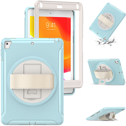 For iPad 9.7-inch (2017)/(2018)/iPad Pro 9.7-inch (2016)/iPad Air (2013)/Air 2 PC + Silicone Case  Rotary Kickstand Tablet Protective Cover with Hand Strap