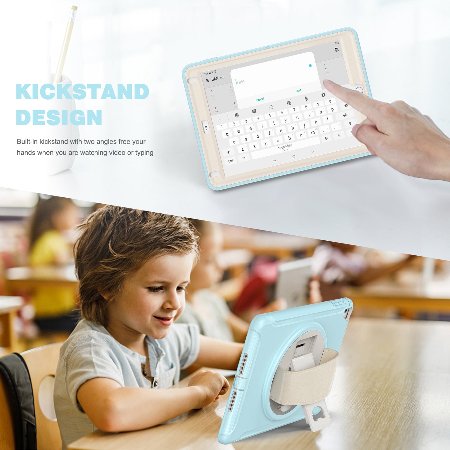 For iPad 9.7-inch (2017)/(2018)/iPad Pro 9.7-inch (2016)/iPad Air (2013)/Air 2 PC + Silicone Case  Rotary Kickstand Tablet Protective Cover with Hand Strap