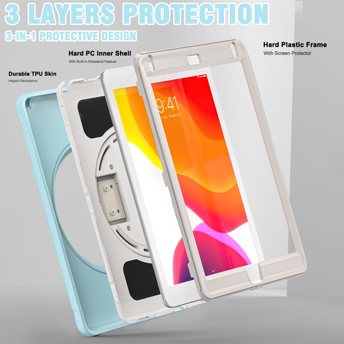 For iPad 9.7-inch (2017)/(2018)/iPad Pro 9.7-inch (2016)/iPad Air (2013)/Air 2 PC + Silicone Case  Rotary Kickstand Tablet Protective Cover with Hand Strap