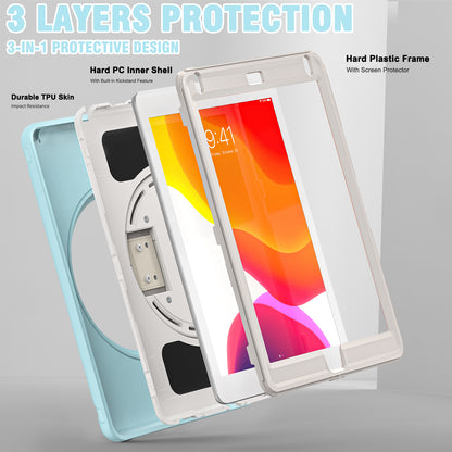 For iPad 9.7-inch (2017)/(2018)/iPad Pro 9.7-inch (2016)/iPad Air (2013)/Air 2 PC + Silicone Case  Rotary Kickstand Tablet Protective Cover with Hand Strap