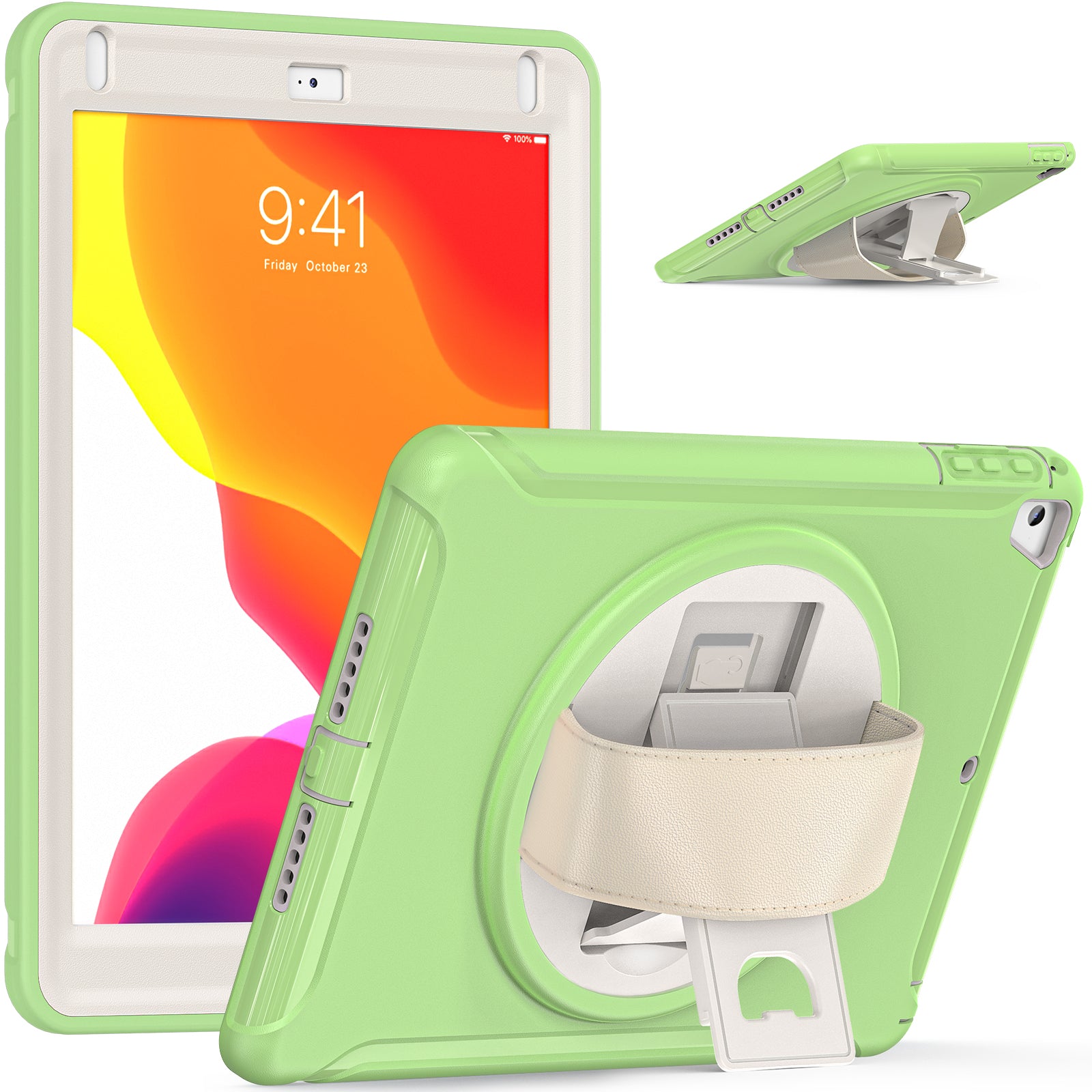 For iPad 9.7-inch (2017)/(2018)/iPad Pro 9.7-inch (2016)/iPad Air (2013)/Air 2 PC + Silicone Case  Rotary Kickstand Tablet Protective Cover with Hand Strap