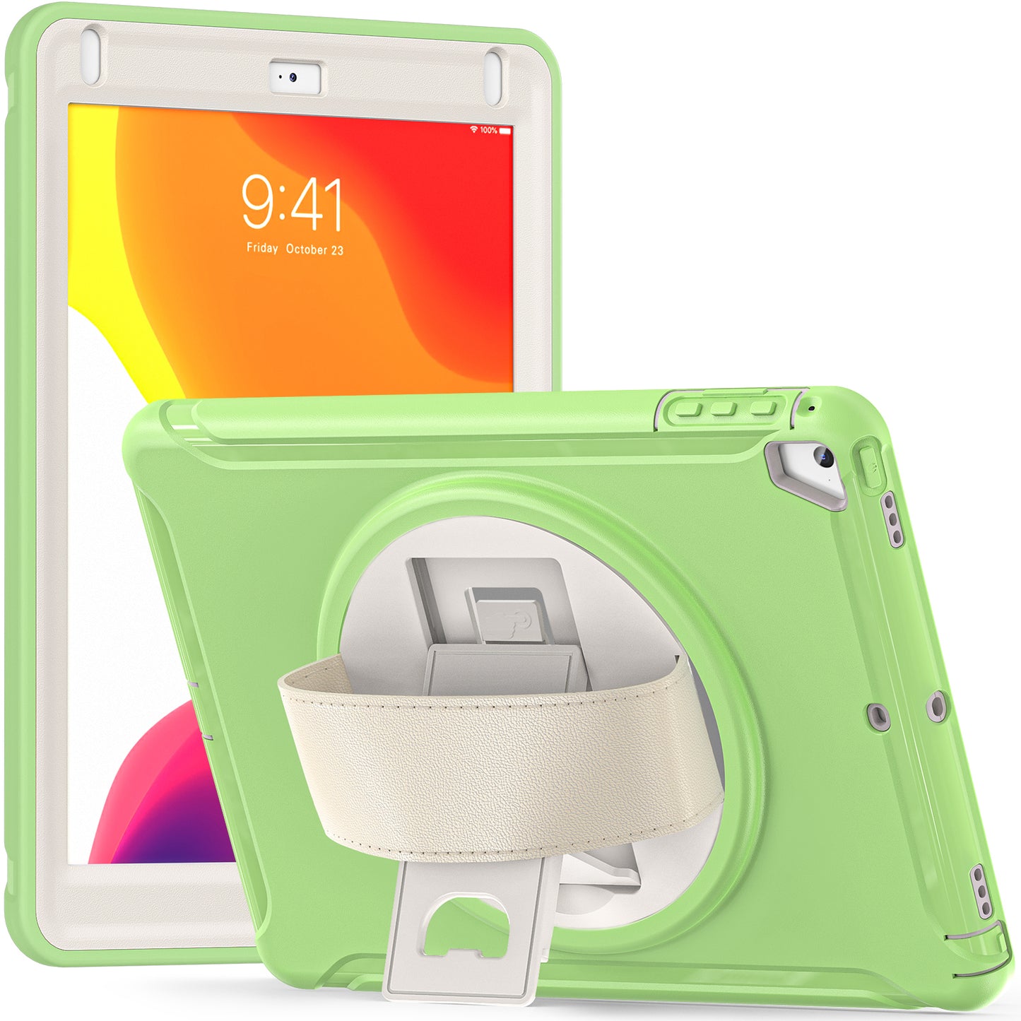 For iPad 9.7-inch (2017)/(2018)/iPad Pro 9.7-inch (2016)/iPad Air (2013)/Air 2 PC + Silicone Case  Rotary Kickstand Tablet Protective Cover with Hand Strap
