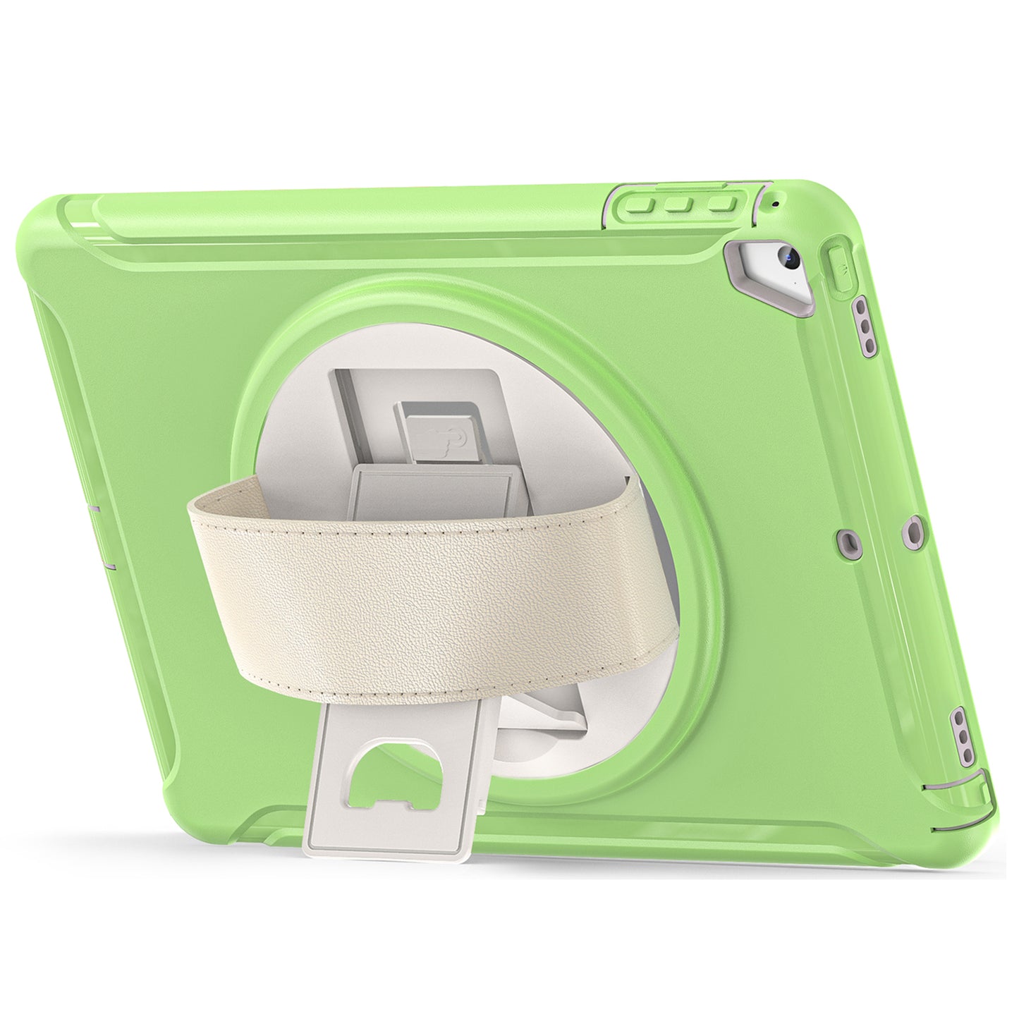 For iPad 9.7-inch (2017)/(2018)/iPad Pro 9.7-inch (2016)/iPad Air (2013)/Air 2 PC + Silicone Case  Rotary Kickstand Tablet Protective Cover with Hand Strap