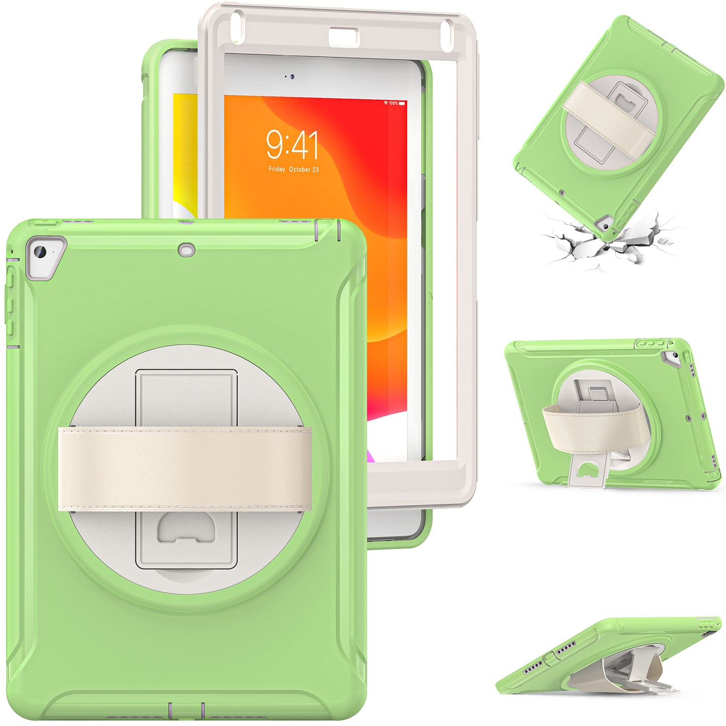 For iPad 9.7-inch (2017)/(2018)/iPad Pro 9.7-inch (2016)/iPad Air (2013)/Air 2 PC + Silicone Case  Rotary Kickstand Tablet Protective Cover with Hand Strap