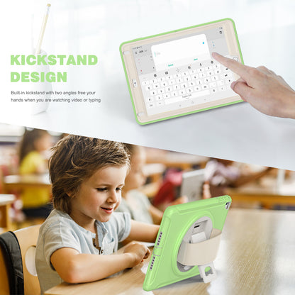 For iPad 9.7-inch (2017)/(2018)/iPad Pro 9.7-inch (2016)/iPad Air (2013)/Air 2 PC + Silicone Case  Rotary Kickstand Tablet Protective Cover with Hand Strap