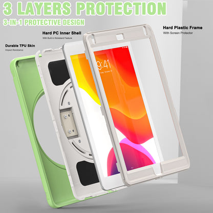 For iPad 9.7-inch (2017)/(2018)/iPad Pro 9.7-inch (2016)/iPad Air (2013)/Air 2 PC + Silicone Case  Rotary Kickstand Tablet Protective Cover with Hand Strap