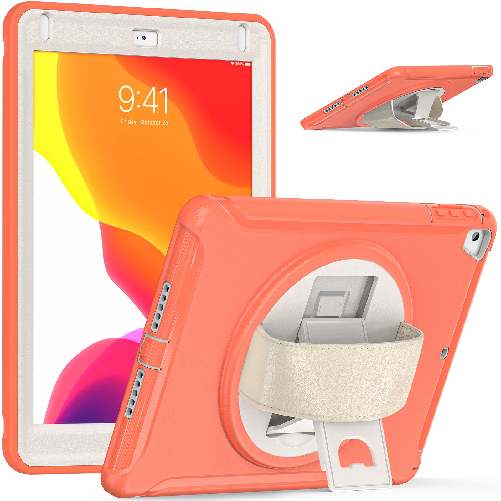 For iPad 9.7-inch (2017)/(2018)/iPad Pro 9.7-inch (2016)/iPad Air (2013)/Air 2 PC + Silicone Case  Rotary Kickstand Tablet Protective Cover with Hand Strap