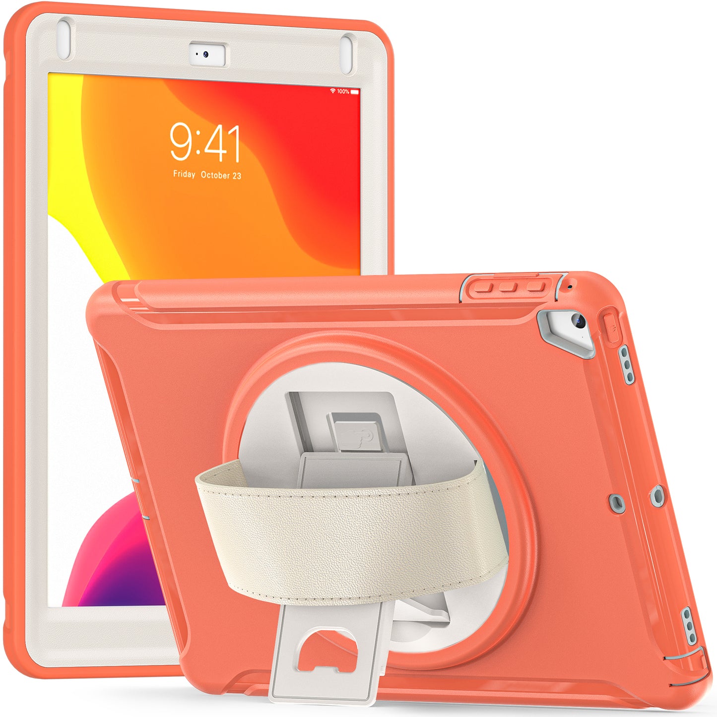 For iPad 9.7-inch (2017)/(2018)/iPad Pro 9.7-inch (2016)/iPad Air (2013)/Air 2 PC + Silicone Case  Rotary Kickstand Tablet Protective Cover with Hand Strap