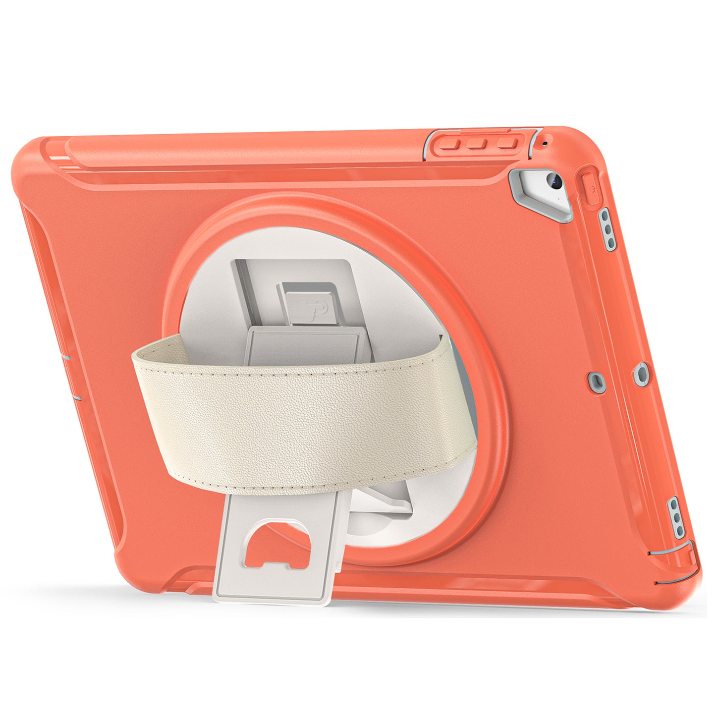 For iPad 9.7-inch (2017)/(2018)/iPad Pro 9.7-inch (2016)/iPad Air (2013)/Air 2 PC + Silicone Case  Rotary Kickstand Tablet Protective Cover with Hand Strap