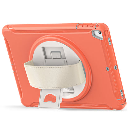 For iPad 9.7-inch (2017)/(2018)/iPad Pro 9.7-inch (2016)/iPad Air (2013)/Air 2 PC + Silicone Case  Rotary Kickstand Tablet Protective Cover with Hand Strap