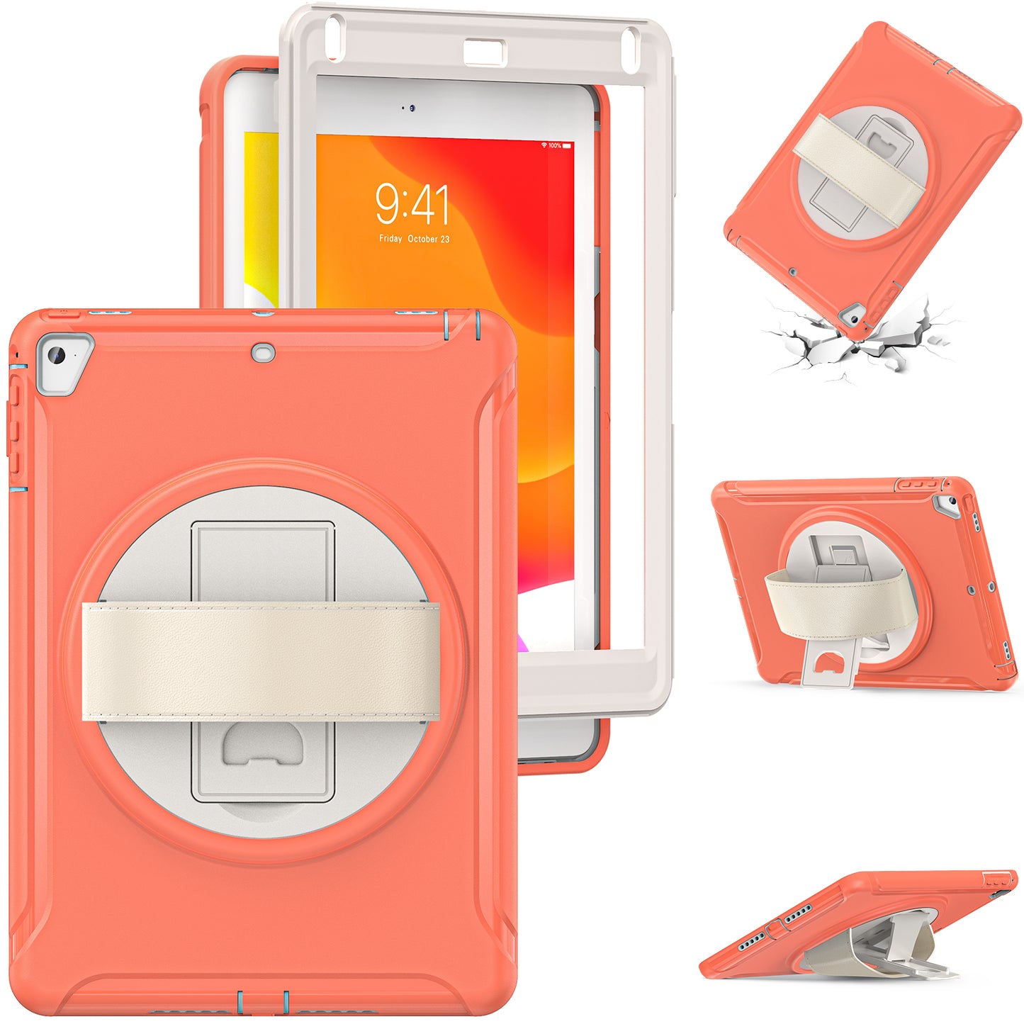 For iPad 9.7-inch (2017)/(2018)/iPad Pro 9.7-inch (2016)/iPad Air (2013)/Air 2 PC + Silicone Case  Rotary Kickstand Tablet Protective Cover with Hand Strap