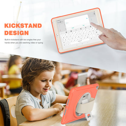 For iPad 9.7-inch (2017)/(2018)/iPad Pro 9.7-inch (2016)/iPad Air (2013)/Air 2 PC + Silicone Case  Rotary Kickstand Tablet Protective Cover with Hand Strap