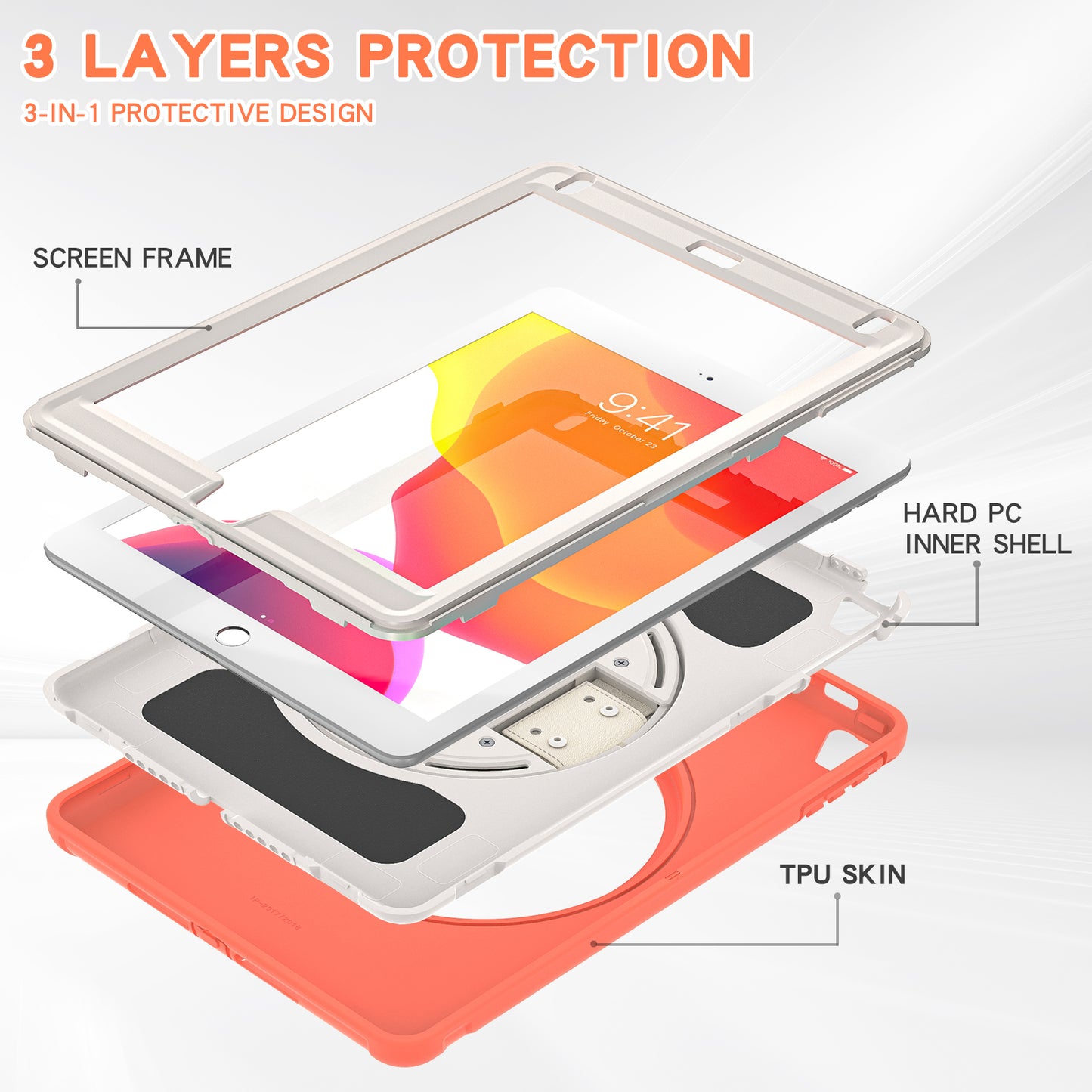 For iPad 9.7-inch (2017)/(2018)/iPad Pro 9.7-inch (2016)/iPad Air (2013)/Air 2 PC + Silicone Case  Rotary Kickstand Tablet Protective Cover with Hand Strap