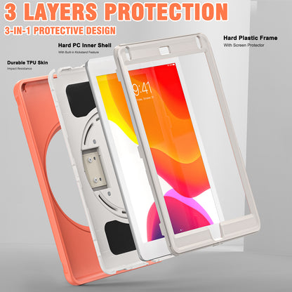 For iPad 9.7-inch (2017)/(2018)/iPad Pro 9.7-inch (2016)/iPad Air (2013)/Air 2 PC + Silicone Case  Rotary Kickstand Tablet Protective Cover with Hand Strap