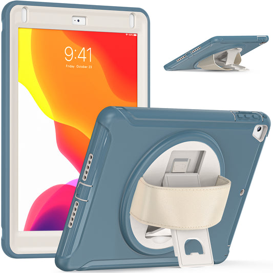 For iPad 9.7-inch (2017)/(2018)/iPad Pro 9.7-inch (2016)/iPad Air (2013)/Air 2 PC + Silicone Case  Rotary Kickstand Tablet Protective Cover with Hand Strap