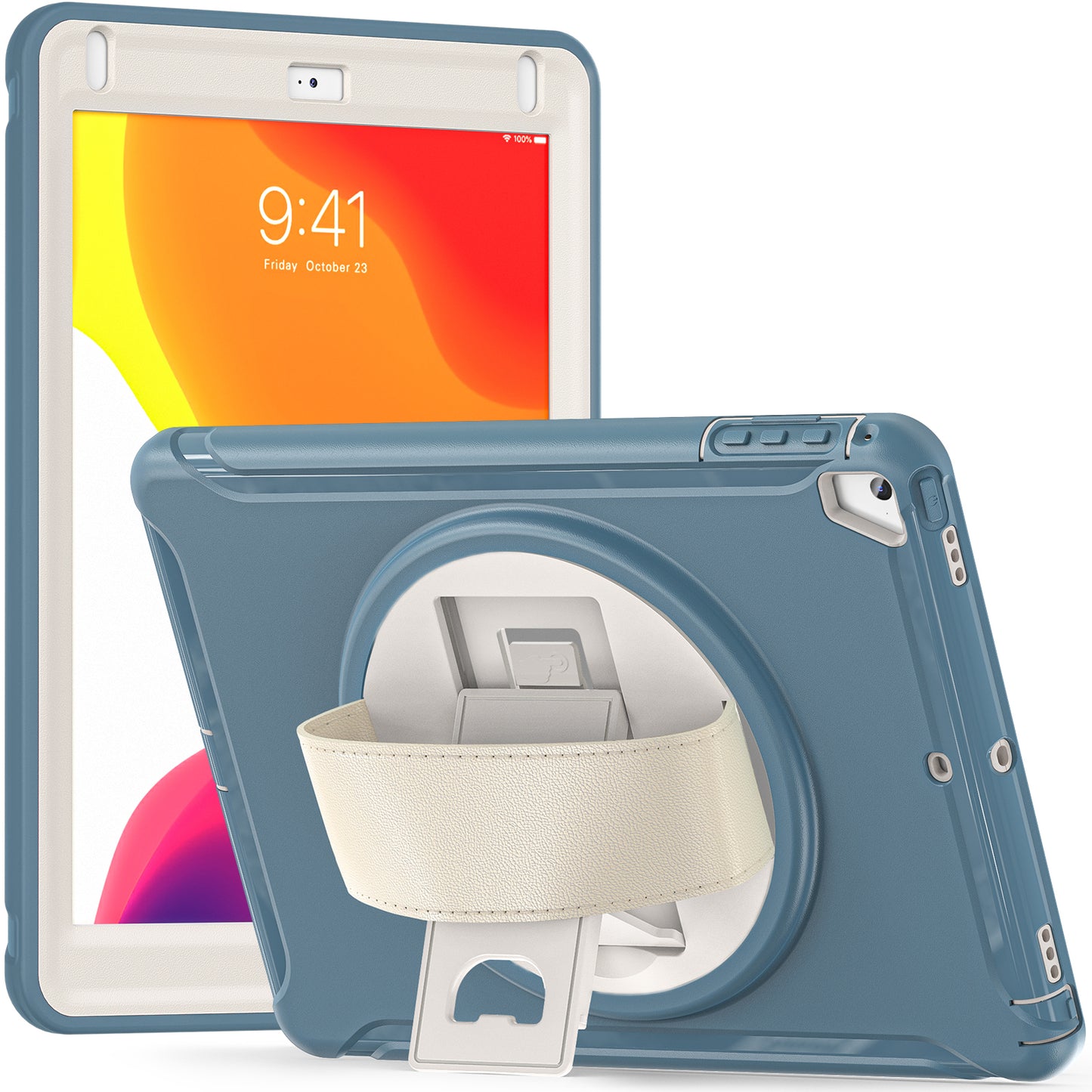 For iPad 9.7-inch (2017)/(2018)/iPad Pro 9.7-inch (2016)/iPad Air (2013)/Air 2 PC + Silicone Case  Rotary Kickstand Tablet Protective Cover with Hand Strap