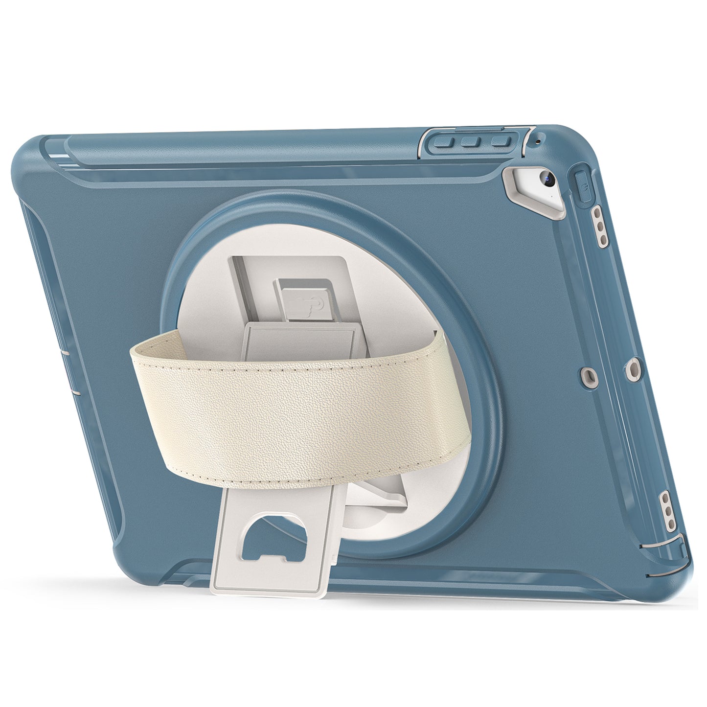 For iPad 9.7-inch (2017)/(2018)/iPad Pro 9.7-inch (2016)/iPad Air (2013)/Air 2 PC + Silicone Case  Rotary Kickstand Tablet Protective Cover with Hand Strap