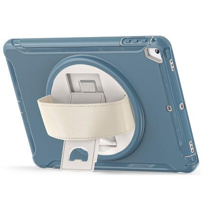 For iPad 9.7-inch (2017)/(2018)/iPad Pro 9.7-inch (2016)/iPad Air (2013)/Air 2 PC + Silicone Case  Rotary Kickstand Tablet Protective Cover with Hand Strap