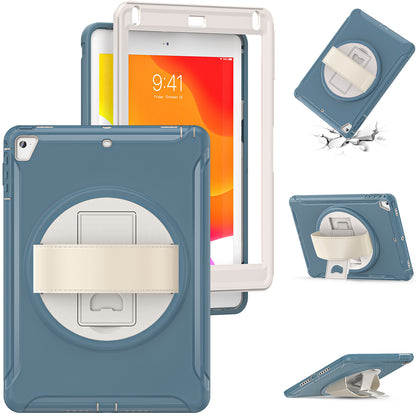 For iPad 9.7-inch (2017)/(2018)/iPad Pro 9.7-inch (2016)/iPad Air (2013)/Air 2 PC + Silicone Case  Rotary Kickstand Tablet Protective Cover with Hand Strap