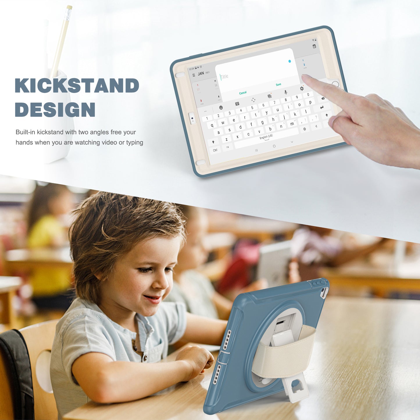For iPad 9.7-inch (2017)/(2018)/iPad Pro 9.7-inch (2016)/iPad Air (2013)/Air 2 PC + Silicone Case  Rotary Kickstand Tablet Protective Cover with Hand Strap