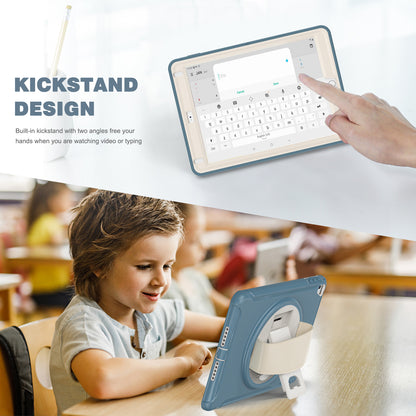 For iPad 9.7-inch (2017)/(2018)/iPad Pro 9.7-inch (2016)/iPad Air (2013)/Air 2 PC + Silicone Case  Rotary Kickstand Tablet Protective Cover with Hand Strap