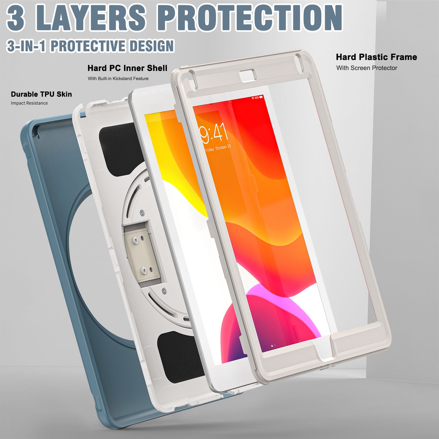 For iPad 9.7-inch (2017)/(2018)/iPad Pro 9.7-inch (2016)/iPad Air (2013)/Air 2 PC + Silicone Case  Rotary Kickstand Tablet Protective Cover with Hand Strap