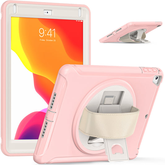 For iPad 9.7-inch (2017)/(2018)/iPad Pro 9.7-inch (2016)/iPad Air (2013)/Air 2 PC + Silicone Case  Rotary Kickstand Tablet Protective Cover with Hand Strap