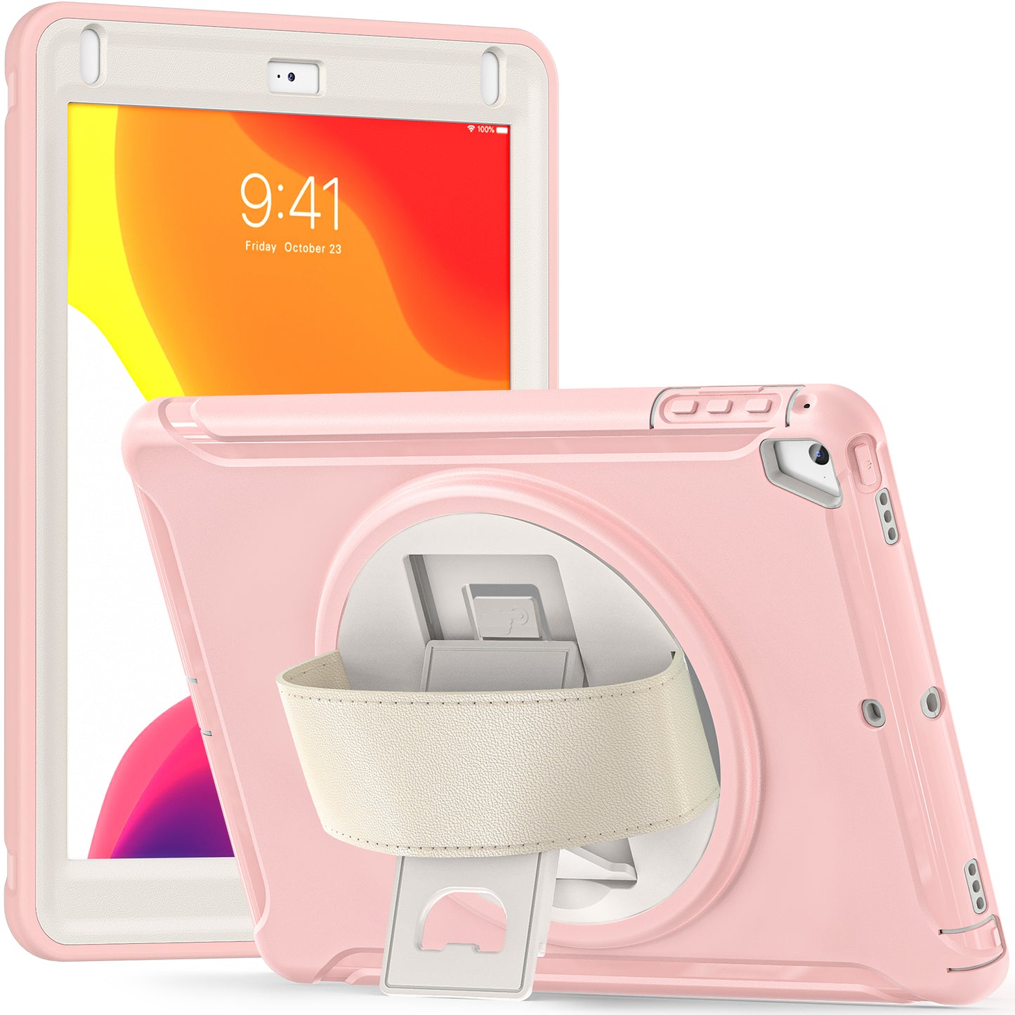For iPad 9.7-inch (2017)/(2018)/iPad Pro 9.7-inch (2016)/iPad Air (2013)/Air 2 PC + Silicone Case  Rotary Kickstand Tablet Protective Cover with Hand Strap