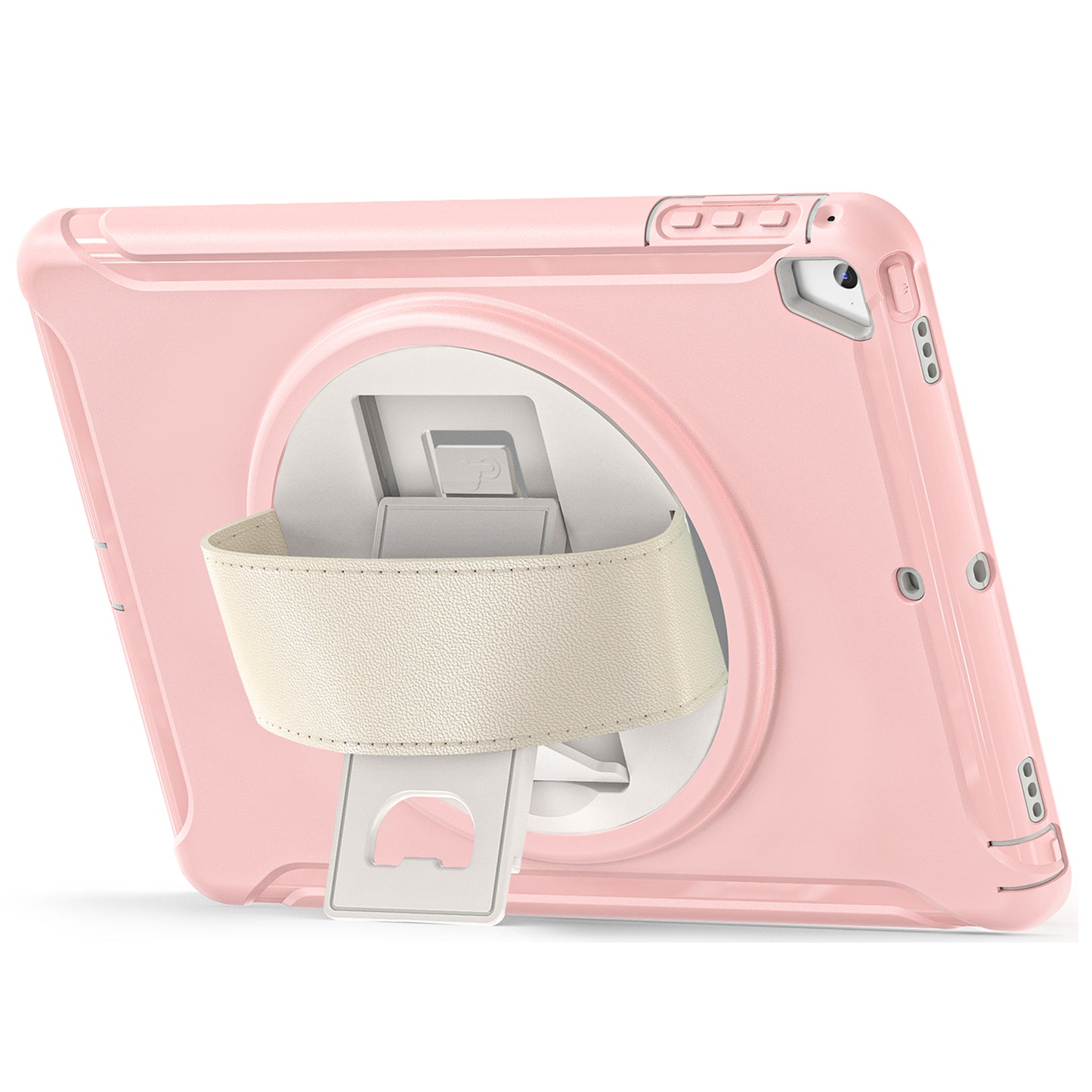 For iPad 9.7-inch (2017)/(2018)/iPad Pro 9.7-inch (2016)/iPad Air (2013)/Air 2 PC + Silicone Case  Rotary Kickstand Tablet Protective Cover with Hand Strap